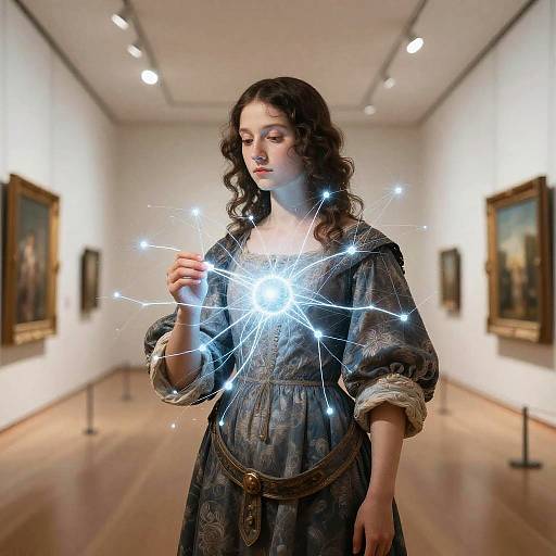 Photograph of a curly-haired woman in a medieval-style dress, standing in an art gallery, holding a glowing, starburst-like light.