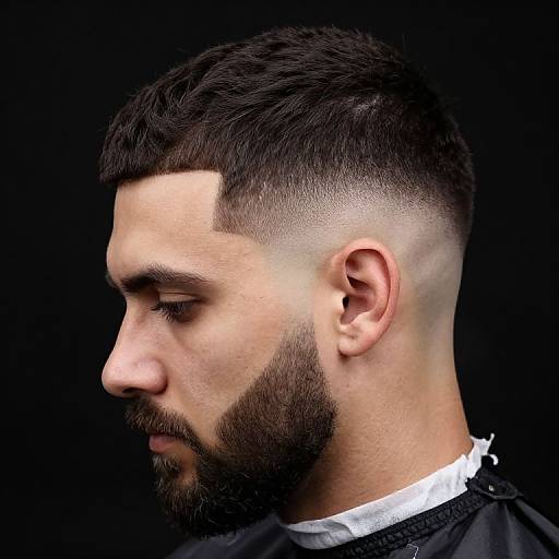 Photograph of a bearded man with a close-cropped undercut hairstyle, looking downward, against a black background, wearing a barber cape.