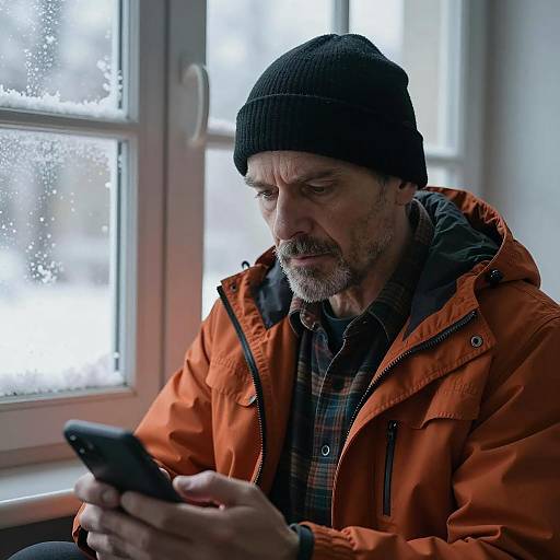 Middle-aged Man Using Phone Near Frosted Window