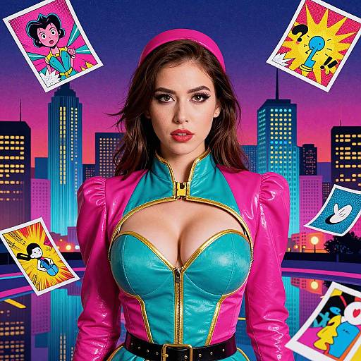 Photograph of a woman with long dark hair, pink hooded jacket, and teal leather bustier, with comic-style images surrounding her in front of