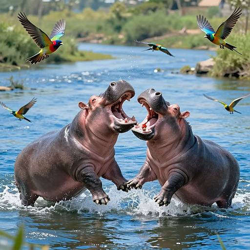 Playful Skinny Hippos in Sparkling River