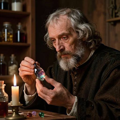 An elderly man with gray hair and beard, wearing a dark buttoned shirt, examines a glowing crystal in dim candlelight. Alchemical shelves in background