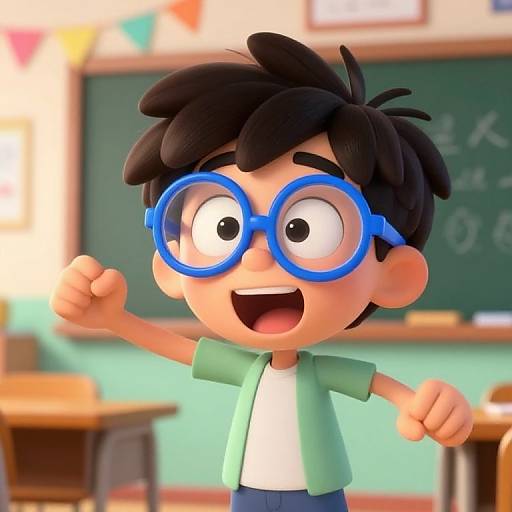 CGI cartoon of a cheerful boy with black spiky hair, large blue glasses, green shirt, white tee, and blue pants, raising fists in