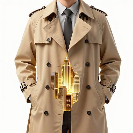 Photograph of a man in a beige trench coat with black buttons, black tie, and white shirt, hands in pockets, featuring a golden cityscape