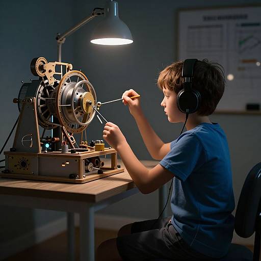 Photograph of a young boy in a blue shirt, wearing headphones, adjusting a vintage sewing machine under a bright lamp in a dimly lit room.