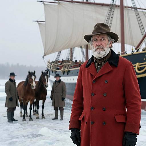 19th Century Man by Sailing Ship on Icy Shore
