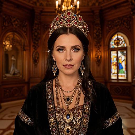 Photorealistic image of a fair-skinned woman with blue eyes, wearing a red and gold jeweled crown, black velvet gown, and intricate neck