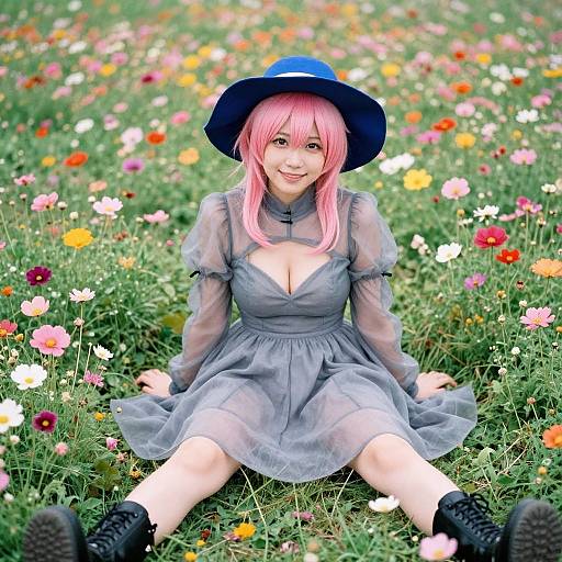 Photograph of a pink-haired anime girl in a blue hat and sheer gray dress, sitting in a colorful flower field, smiling.