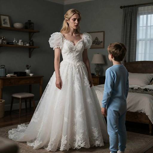 Emotional Bride and Child in Bedroom