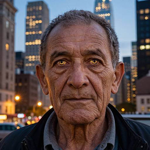 Close-up photograph of an elderly man with deep wrinkles, short gray hair, and intense golden eyes, standing in a cityscape at dusk with illuminated skys