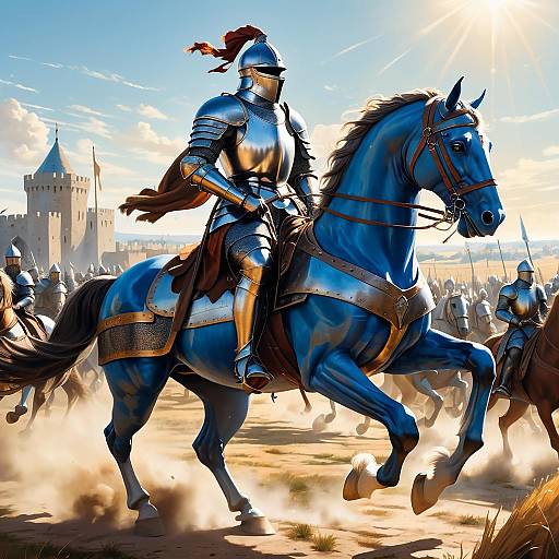 Knight on Blue Horse in Medieval Battlefield