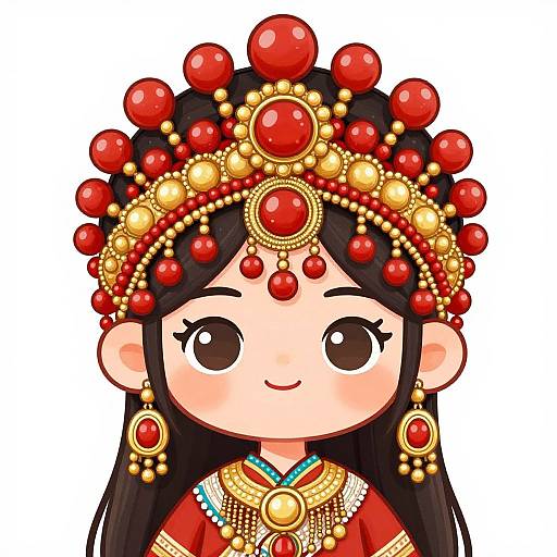 Cartoon-style drawing of a young girl with long black hair, wearing a colorful, ornate red and gold headpiece, necklace, and earrings,