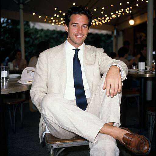 Photograph of a smiling, dark-haired man in a white suit, black tie, and brown loafers, seated at an outdoor restaurant with string lights