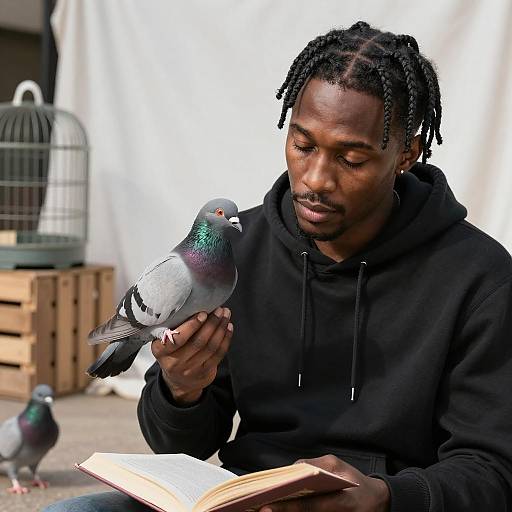 Man Holding Pigeon While Reading