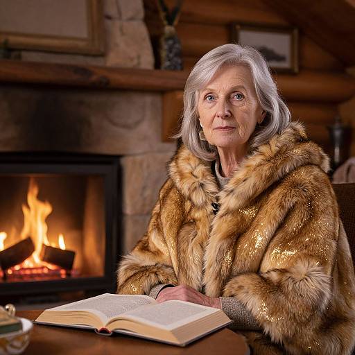 Elderly Woman by Cozy Fireplace
