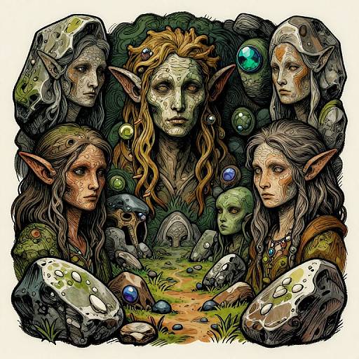 Digital illustration of five green-skinned, elven-like figures with long hair, pointed ears, and glowing orbs, standing in a mystical forest. Detailed