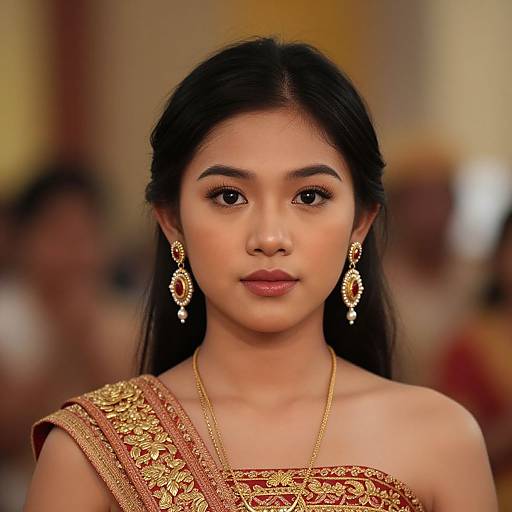 Photograph of an Asian woman with long black hair, wearing an ornate gold and red sari, and matching earrings, looking directly at the camera