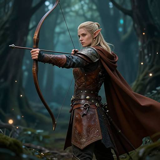 Digital fantasy artwork of a blonde, elven archer in dark leather armor and a red cloak, drawing a bow in a mystical, forested clearing