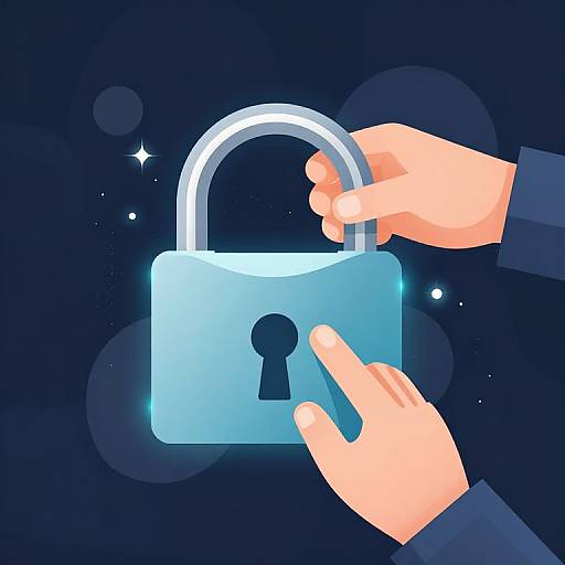 Digital illustration of two hands unlocking a glowing blue padlock with a keyhole against a dark, starry background.