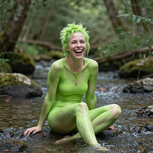 Photograph of a smiling woman with neon green hair and matching green outfit, sitting in a forest stream, laughing joyfully.