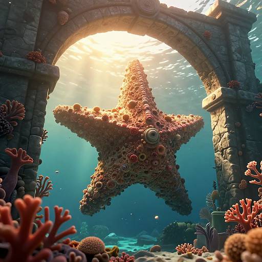 Photorealistic CGI of a sunlit, underwater scene featuring a detailed, coral-covered starfish through an ancient, sunlit stone arch, surrounded by