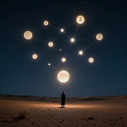 Silhouetted figure stands in desert, gazing at glowing, number-marked celestial orbs in dark, starless night sky; digital art.