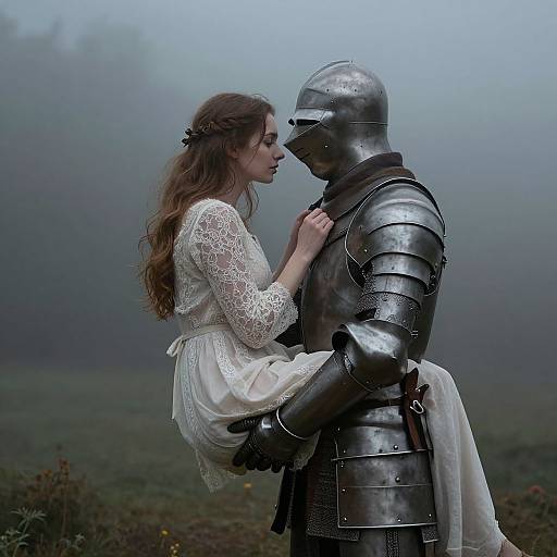 Photograph of a medieval scene: a knight in silver armor gently holds a long-haired, lace-dress wearing woman, gazing tenderly at each
