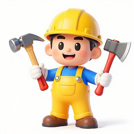 Cartoon construction worker with yellow helmet, yellow overalls, blue shirt, holding red axes, smiling, white background, 3D CGI style.
