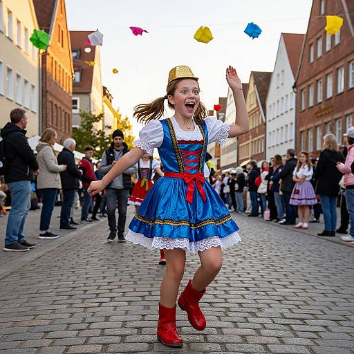 Photograph of a joyful young woman in a blue dirndl with white lace, red sash, and red boots, throwing colorful paper shapes in a