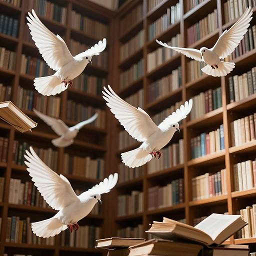 Photograph of six white doves in mid-flight, wings spread, above a library with wooden bookshelves and open books in the background.