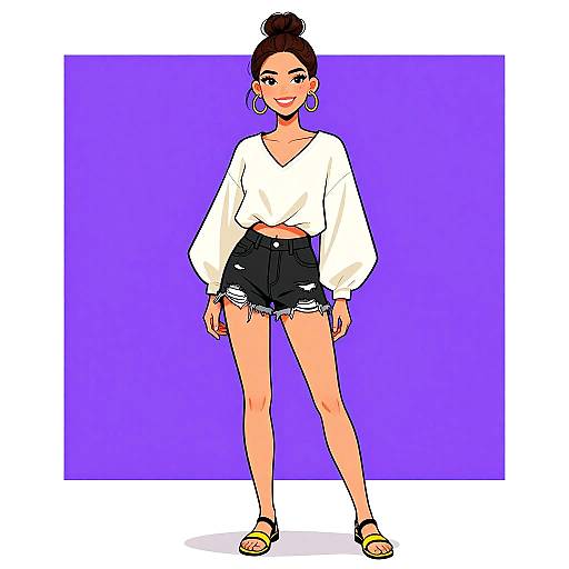 Digital drawing of a smiling woman with dark hair in a bun, wearing a white long-sleeve top, black distressed shorts, yellow sandals, and