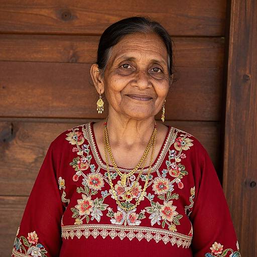 Photograph of an elderly Indian woman with dark skin, wearing a red embroidered blouse, gold jewelry, and smiling, against a wooden background.