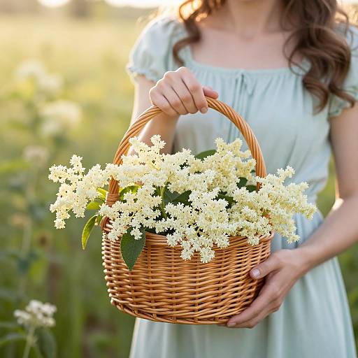 Photograph of a woman with wavy brown hair in a light blue dress, holding a wicker basket filled with white wildflowers in a sunlit