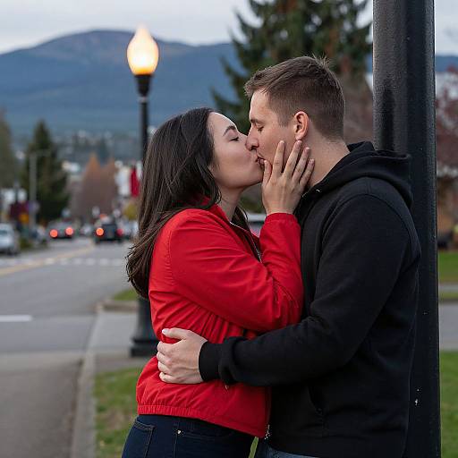 Photograph of a couple kissing passionately by a streetlamp in a suburban area, with mountains in the background. She wears a red sweater, he a