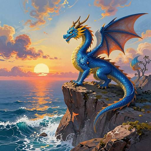 Digital fantasy artwork of a vibrant blue dragon with orange wings and horns standing on a cliff at sunset, overlooking a crashing ocean.