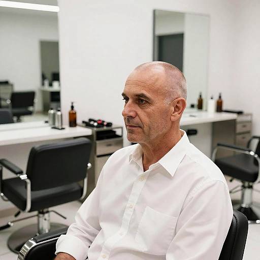 Middle-Aged Man in White Shirt at Hair Salon
