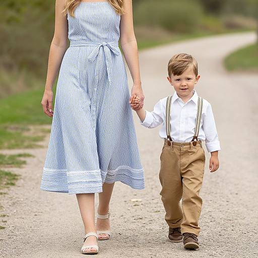Mom and Son Stroll in Chic Attire