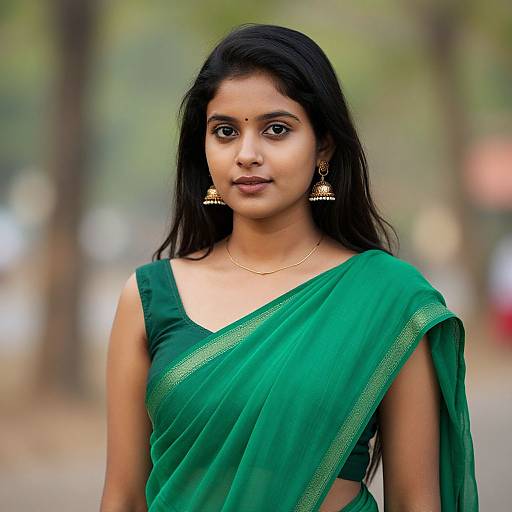 Photograph of a young Indian woman with long black hair, wearing a green saree with gold trim, gold earrings, and a bindi, standing