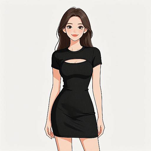 Digital anime-style drawing of a smiling young woman with long brown hair, wearing a tight, short-sleeved black dress with a keyhole cutout