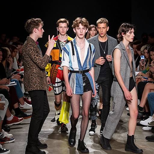 Photograph of four male models on a fashion runway, wearing eclectic outfits: leopard print, blue vest with fishnet stockings, checkered jacket, and