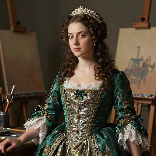 Baroque Woman Portrait in Emerald and Silver