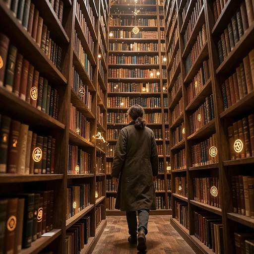 Photograph of a man with a ponytail, wearing a black coat, walking down a dimly-lit, narrow library aisle filled with tall book