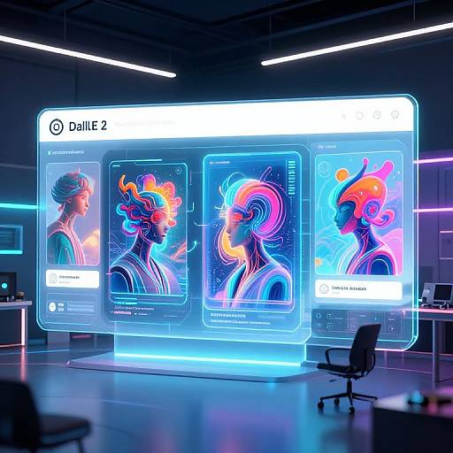 Neon-lit digital art installation featuring three glowing, colorful, futuristic portraits of a person with vibrant, abstract hair and biometric data overlays in a