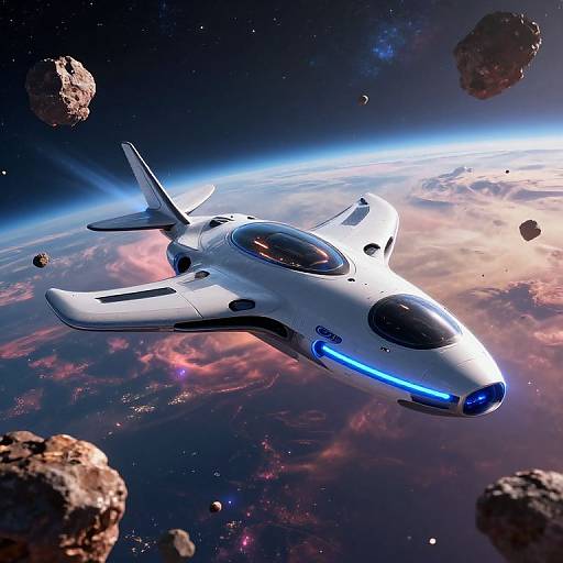 Photorealistic CGI of a sleek, white, futuristic spacecraft with blue lights flying through a colorful, asteroid-filled space with Earth's atmosphere and horizon in