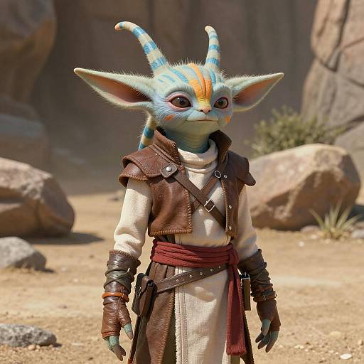 CGI fantasy character: blue-green, horned creature with large ears, colorful head fur, wearing brown leather and beige robe in arid desert landscape