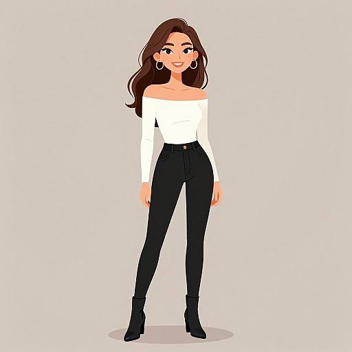 Digital illustration of a smiling woman with long brown hair, wearing a white off-shoulder top, black high-waisted jeans, and black ankle