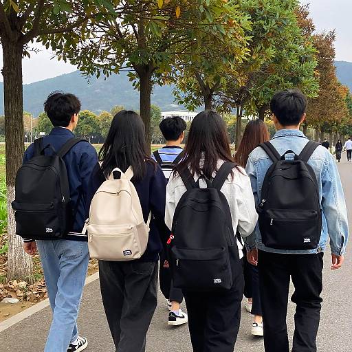 Backpack Group Walking Outdoors From Behind