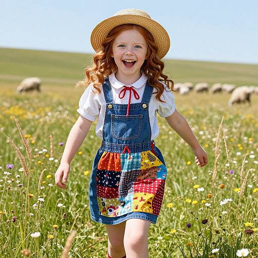 Photograph of a joyful red-haired girl with curly hair, wearing a straw hat, white shirt, and colorful patchwork denim dress, running through a
