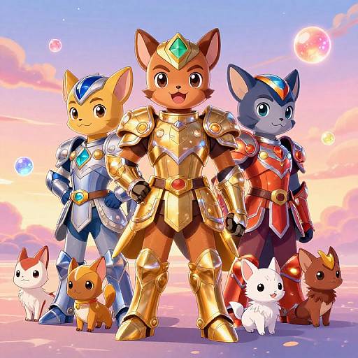 Digital illustration of anthropomorphic fox warriors in golden, silver, and red armor, standing with small fox pups, against a sunset sky with floating bubbles.