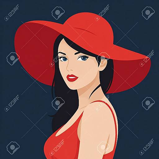 Digital illustration of a fair-skinned woman with black hair, blue eyes, and red lipstick, wearing a red hat and dress, against a dark blue
